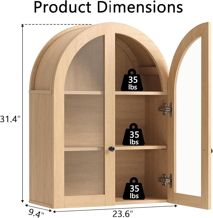 Bathroom Arched Wall Cabinet, 23.5'' Wide Medicine Cabinet, Bathroom Cabinet Wall Mount W/ Glass Doors & Adjustable Shelves, Over The Toilet Storage Cabinet for Laundry Room, Bedroom,Kitchen,Natural