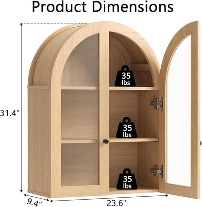 Bathroom Arched Wall Cabinet, 23.5'' Wide Medicine Cabinet, Bathroom Cabinet Wall Mount W/ Glass Doors & Adjustable Shelves, Over The Toilet Storage Cabinet for Laundry Room, Bedroom,Kitchen,Natural