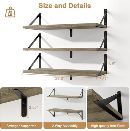 Fun Memories Floating Bookshelves, Set of 3 Wall-Mounted Wood Shelves 24" W x 8" D, Decorative Wall Shelf for Living Room, Bedroom, Bathroom, and Laundry Room (Grey)