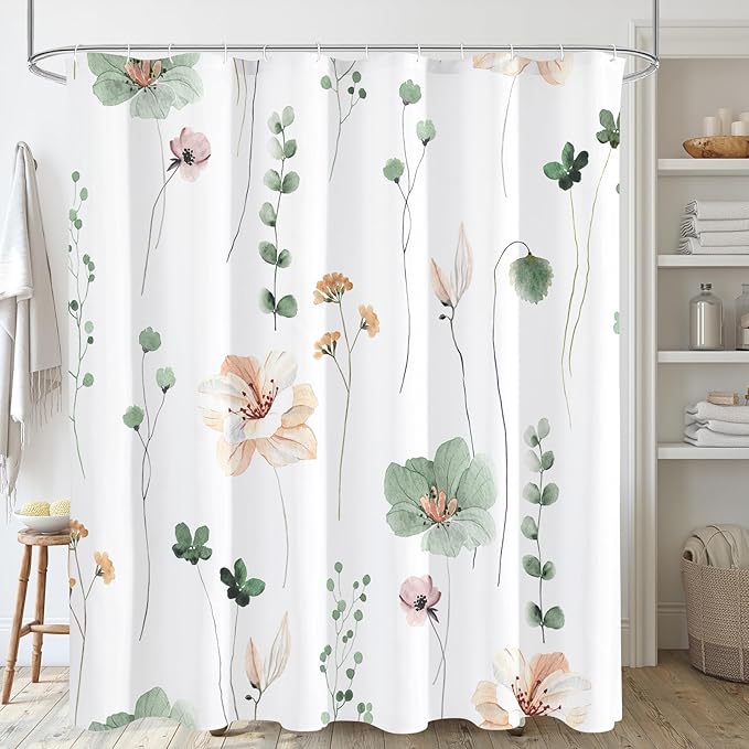 Gibelle Extra Long Shower Curtain 72 x 84, Watercolor Floral Fabric Shower Curtain, Sage Green Beige Flower Decorative Bathroom Shower Curtain Set