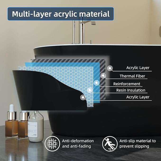 67'' Freestanding Bathtub, Deep Soaking Tub with Non-Slip Base, Acrylic, cUPC Certified Free Standing Tub, Chrome Drain Bath Tub, Modern Tub for Bathrooms, Black