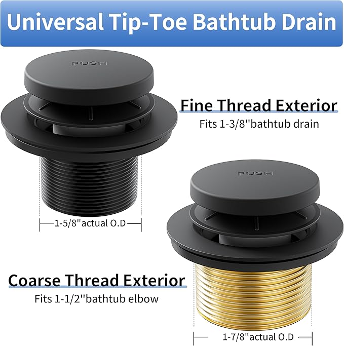 Bathtub Drain Stopper Toe Taps Bathroom Sink Decoration Set, with Two Holes Overflow Opening Cover Panel, Replacementversion Drain Pipe Assembly, with Universal Fine & Coarse Thread (Matte Black)