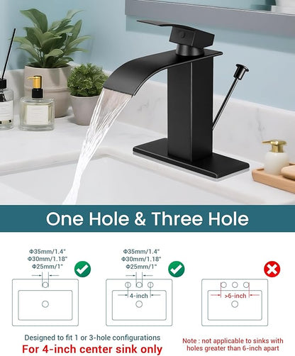 Bathroom Faucets with Lift Rod Drain Mater Black Waterfall Bathroom Sink Faucet Modern Single Handle Bathroom Faucet for 1 or 3 Hole Mxier Tap Washbasin Faucet with Deck