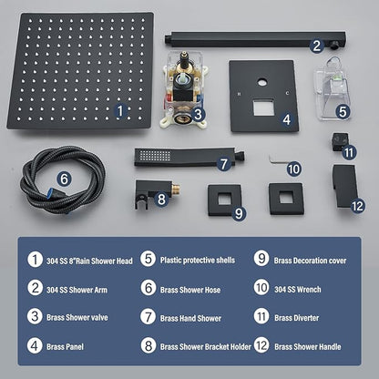 Shower Faucet Matte Black Shower System with 12 Inches Rain Shower Head and Handheld Spray Bathroom Luxury Rain Shower Faucet Set Complete Wall Mounted