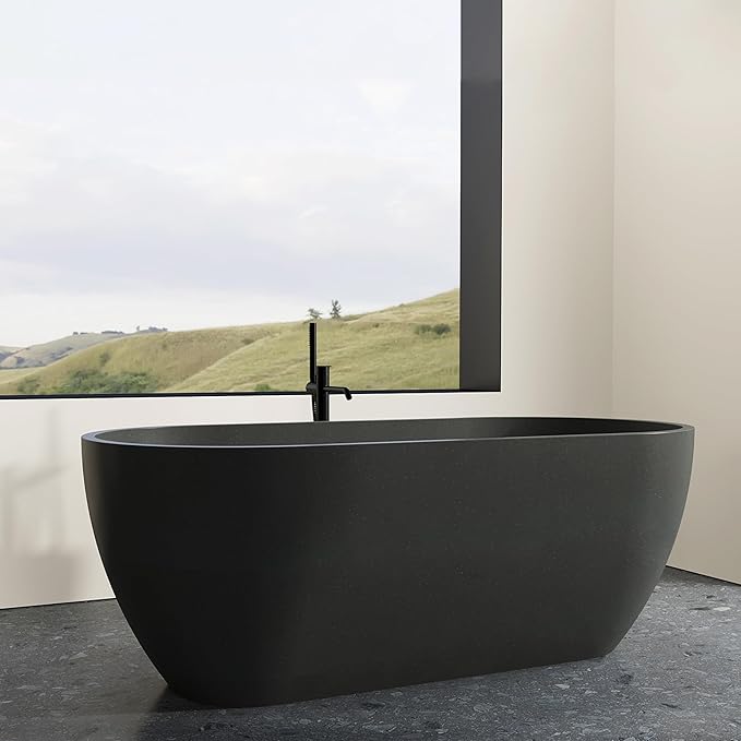 Stone Resin Freestanding Bathtub 63", Terrazzo Bathtub Soaking Tub, Solid Surface Stand Alone Bathtub with Drain & Integrated Slotted Overflow Matte Black AMFS-MY007-BK