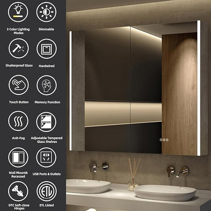 Medicine Cabinet with LED Lights and Mirror, 36 x 32 Inch Surface or Recessed Mounted Bathroom Cabinets with Door, Defogger, Memory Function, 3-Color Mode, Outlet&USB, Dimmer, Storage Shelf