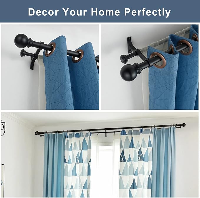 Double Curtain Rod 28 to 48 inch, Adjustable 1 inch Double Drapery Rod Rods for Windows and Doors with Ball Round Finials and Premium Aluminum Brackets Set (28-48",Matte Black)