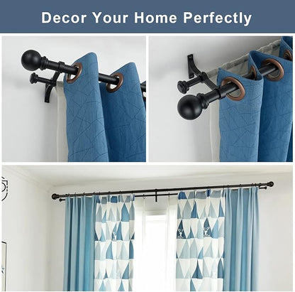 Double Curtain Rod 48 to 84 inch, Adjustable 1 inch Double Drapery Rod Rods for Windows and Doors with Ball Round Finials and Premium Aluminum Brackets Set(48-84",Matte Black)