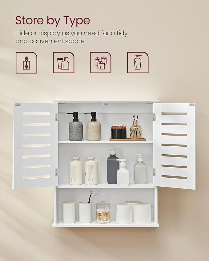 VASAGLE Bathroom Wall Cabinet, Medicine Cabinet, Wall-Mounted Bathroom Storage Cabinet, with Adjustable Shelf, Double Slat Doors and Open Shelf, 7.9 x 23.6 x 27.6 Inches, White UBBK028W01