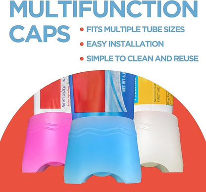 Chrome Cherry SqueezMe Self-Closing Toothpaste Caps, Silicone Lid for Kids & Adults, No Mess Toothpaste Dispenser, Easy Squeezer Cap for Tubes, Bathroom Accessory, Self-Standing Mix, Pack of 3