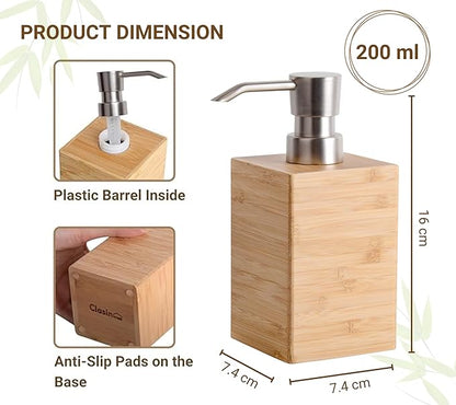 Bamboo Soap Dispenser with Anti-Slip Pads and Stylish Horizontal Wood Grain, Hand Dispenser for Bathroom, Kitchen, Dish, Lotion, Shampoo, Liquid Soap (7 Oz)