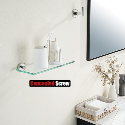 JQK Bathroom Glass Shelf Chrome, Tempered Glass Shower Storage 12 by 5 inches, 304 Stainless Steel Polished Chrome Wall Mount 2 Pack, TGS101L12-CH-P2