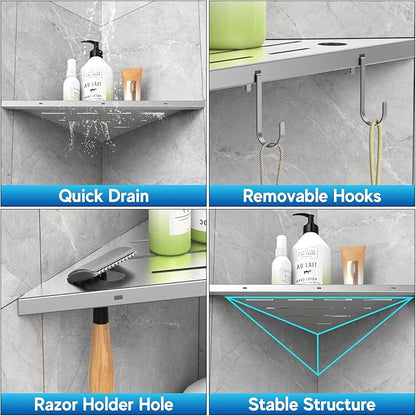 Corner Shower Shelves, 10" Silver 304 Stainless Steel Recessed Shelf for Bathroom，Grout in Shelf with Hooks for Tiled Wall 2 Pack (Silver)