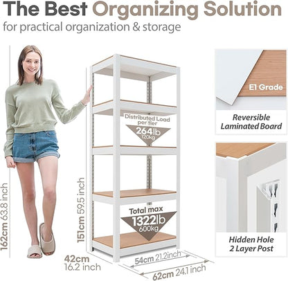 HOMEDANT House 5 Tier Laminated Metal Shelving Unit Adjustable Storage Utility Rack Heavy Duty Shelves Organization Multipurpose Shelf Kitchen Garage Pantry Closet (10, (S) 24.4" W, White)