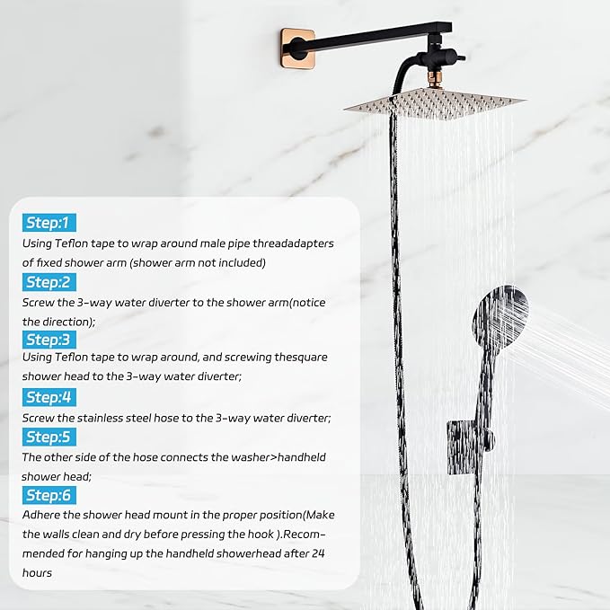 Shower Head 8'' High Pressure Rainfall, Handheld Shower Combo with 11'' Extension Arm, 5 Spray, Anti-leak Luxury Premium Quality, Rainfall Shower Head with Handheld Spray Combo, Rose Gold