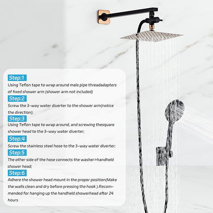 Shower Head 8'' High Pressure Rainfall, Handheld Shower Combo with 11'' Extension Arm, 5 Spray, Anti-leak Luxury Premium Quality, Rainfall Shower Head with Handheld Spray Combo, Rose Gold