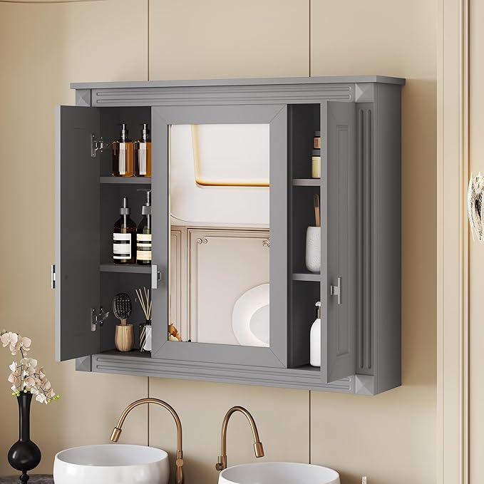Merax Wall Mounted Bathroom Medicine Cabinet with Mirror, Bathroom Wall Cabinet with Doors and Shelves, 34" x 29" Mirrored Door Over Toilet Storage Cabinet, Black