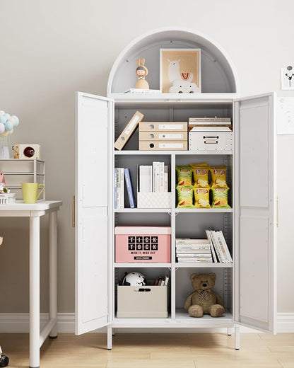 Kitchen Pantry Cabinet, Metal Arched Storage Cabinet with Doors and Adjustable Shelves, Farmhouse Cupboard for Dining Room, Living Room, Bathroom(White