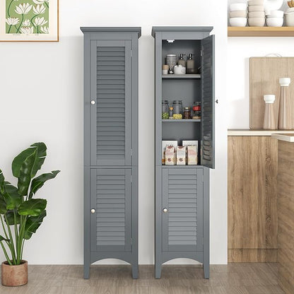 Tangkula 63" Tall Bathroom Storage Cabinet, Freestanding Narrow Linen Tower with Adjustable Shelf, Modern Slim Floor Cabinet with 2 Doors for Bathroom, Living Room, Kitchen (Grey)