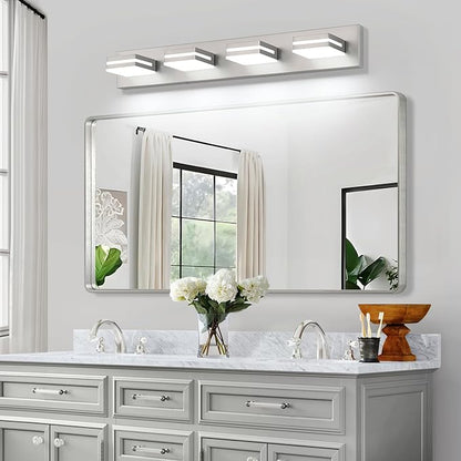 SineRise LED Modern Bathroom Vanity Light Fixtures (4-Light, 30-Inch, Dimmable), Brushed Nickel Modern Acrylic Bathroom Wall Lighting Fixtures Over Mirror (Cool White 6000K)