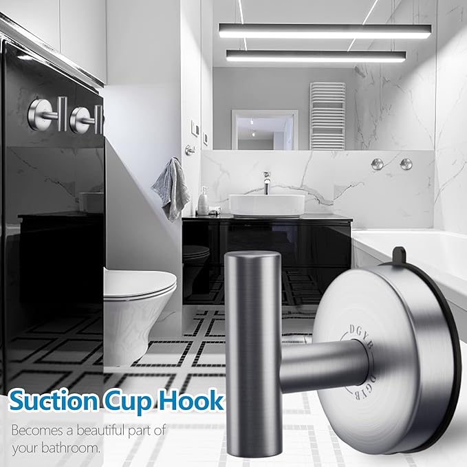 DGYB Large Suction Cup Hooks for Shower Set of 4 - Brushed Nickel Towel Hooks for Bathrooms - Stainless Steel Removable Wall Hooks - 15 Lb Heavy Duty Hanging