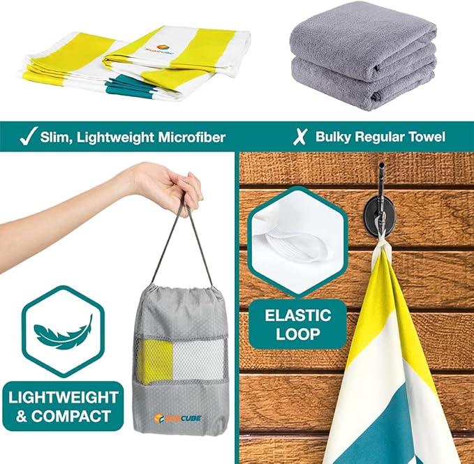 SUN CUBE Microfiber Beach Towel, Quick Dry Sand Free Beach Towel, Lightweight, Compact for Travel Swim Sports Camping, Packable Sand Resistant Towel Adult, Yellow 60x30 Inches