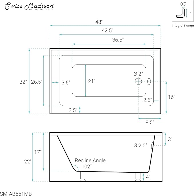Voltaire 48" X 32" Right-Hand Drain Alcove Bathtub with Apron in Matte Black