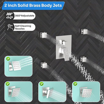 Enga Shower Systems with 4 Body Spray Jets, 4 Way 12+6" Rainfall Shower Head with Handheld Combo, Ceiling Mounted Shower Jets System in Wall Shower Faucet Sets Complete, Brushed Nickel
