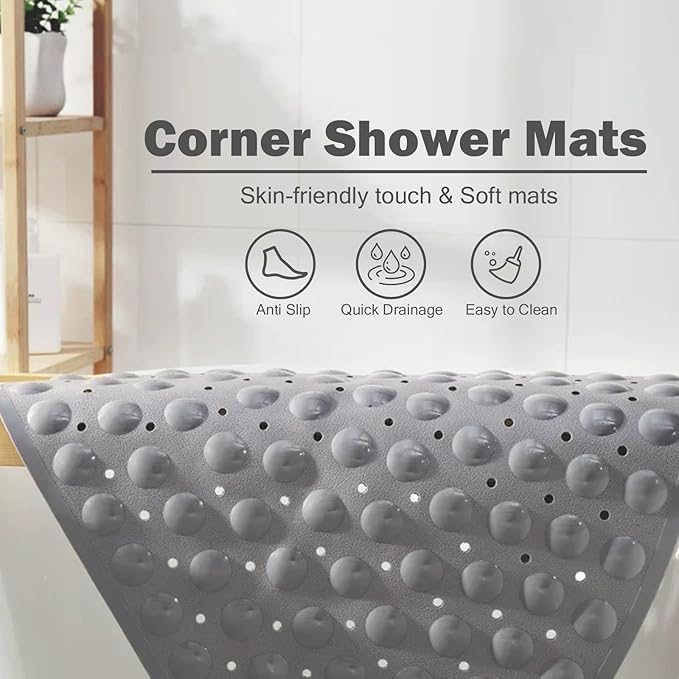 Mrcrypos Corner Shower Mats 21 x 21 Inches Bath Mat with Suction Cups and Drain Holes, Quick Dry Anti Slip Bathmat Machine Washable Shower Stall Mats for Bathroom, Gray
