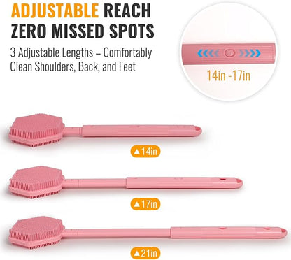 Silicone Back Scrubber for Shower – 21in Extendable Shower Brush with Long Handle – Dual-Sided Back Brush with Non-Slip Grip, Gentle Cleansing & Exfoliation for Men, Women, Elderly (Pink)
