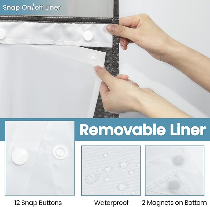 Charcoal Grey No Hook Shower Curtain with Snap in Liner,230GSM Waffle Weave Shower Curtains for Bathroom,71W x 74H