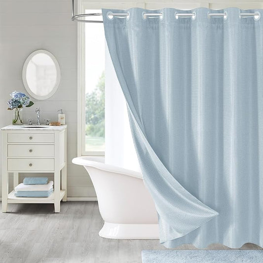 MitoVilla No Hooks Needed Blue Waffle Shower Curtain Liner Set, Modern Waffle Weave Heavy Duty Fabric Cloth Shower Curtain with Snap-in Liner for Luxury Neutral Hotel Spa Bathroom Decor