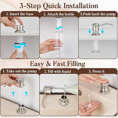 Built in Soap Dispenser for Kitchen Sink Countertop, Solid Brass Pump Head Long Spout with 10.2 Ounce PET Food Safe Material Lotion Bottle, Brushed Nickel Finish