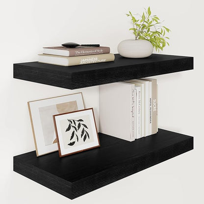 Black Floating Shelves for Wall 24 Inches Long, 12" Deep Wall Shelves 2" Thick, Heavy Duty Shelf for Bedroom, Bathroom, Living Room, Kitchen, Office, Home Decor, Modern Shelf Set of 2, 24" X 12" X 2"