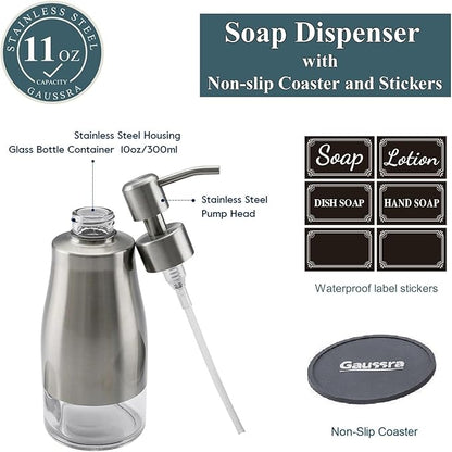 Gaussra Soap Dispenser with Coaster and Stickers, Brushed Nickel Stainless Steel Case Glass Liner Hand Pump Dispenser, Refillable Liquid Hand Soap Dispenser for Bathroom & Kitchen (11OZ / 320ML)