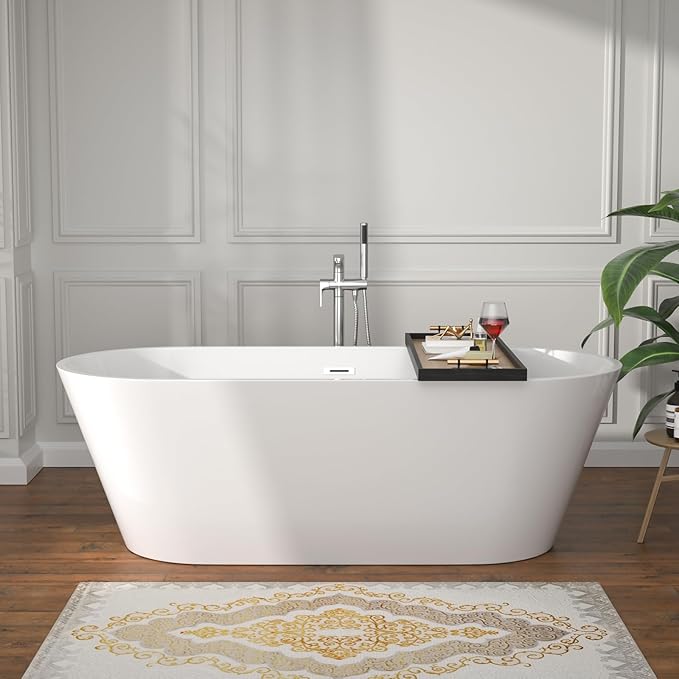 67 Inch Freestanding Acrylic Soaking Tub White Roll Top Deep Bathtub with Black Drain Relaxing Home Spa, YSB9222