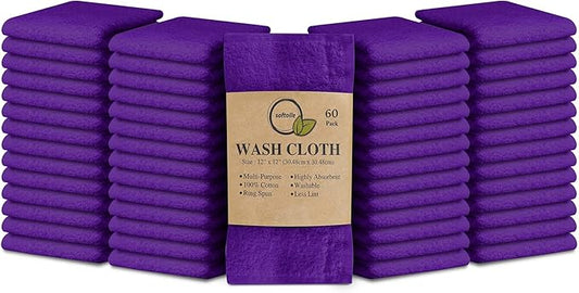 Softolle 100% Cotton Ring Spun Wash Cloths – Bulk Pack of Washcloths – 12x12 Inches – Wash Cloth for Face, Highly Absorbent, Soft and Face Towels (Purple, 60 Pack)