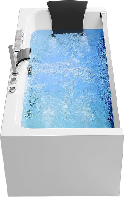 Empava 59 in. Acrylic Alcove Whirlpool Bathtub - Hydromassage Rectangular Jetted Soaking Tub with Center Drain - Waterfall Faucet