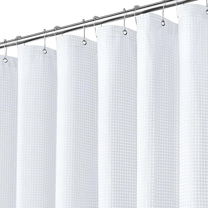 Inhousolu Fabric Shower Curtain Waffle Weave, 230 GSM Heavy Duty, Weighted Hem, 14 Metal Hooks, Water Repellent, Machine Washable, Hotel Spa Luxury Bath Curtain Set, 72 x 72 Inch, White