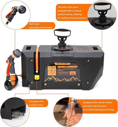 6.34Gallon/ 24L Self-Pressurized Water Tank with Hose and Sprayer, Water Storage Container Camping Shower for Overland Off-Road Vehicles, Pick-up Trucks,Outdoor Activities Water Supply
