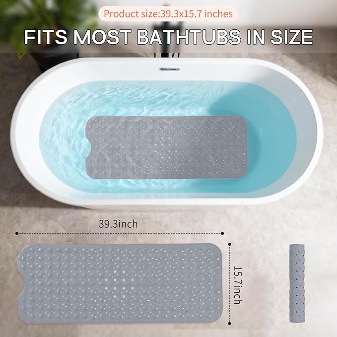 Anti-Slip Bathtub Shower mat, 39.3×15.7 inch（Approximately 100 × 40cm） Soft Oversized Machine Washable Non-Slip Bathtub mat with Drainage Holes, Bathroom Floor Suction Cup.（1-Opaque Gray）