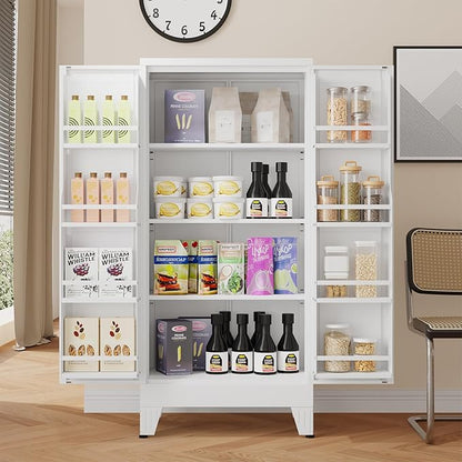 48" H Metal Kitchen Pantry Storage Cabinet, Freestanding Cupboard Storage Cabinet with Doors and Adjustable Shelves, Large Stand Up Food Cupboard for Living Room, Dinning Room, White