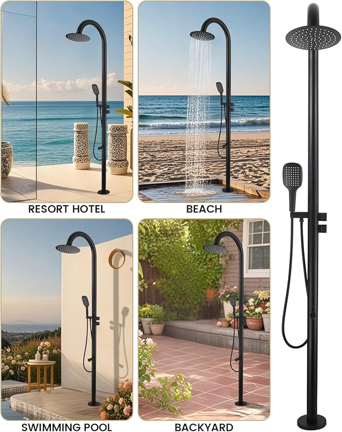 316 Marine Grade Stainless Steel Free Standing Outdoor Shower with Foot Wash, 3-Function Matte Black Shower Kit with 10''Rain Shower Head,Outdoor Shower Fixture for Yard Beach Poolside Garden