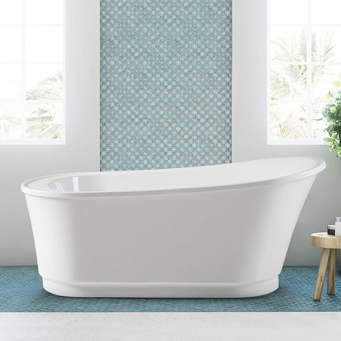 FerdY Langkawi 59" Acrylic Freestanding Bathtub, White Modern Stand Alone Soaking Bathtub, cUPC Certified, Chrome Drain and Minimalist Linear Design Overflow Included, Easy to Install, 02568T