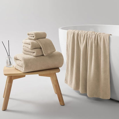 REDKISS 6-Piece Bath Towel Set - 2 Washcloths, 2 Hand Towels, 2 Bath Towels | Ultra-Fiber Coral Fleece, Super Absorbent, No Lint & No Fading | Perfect for Bathroom, Spa, Gym | Family & Adults-Camel