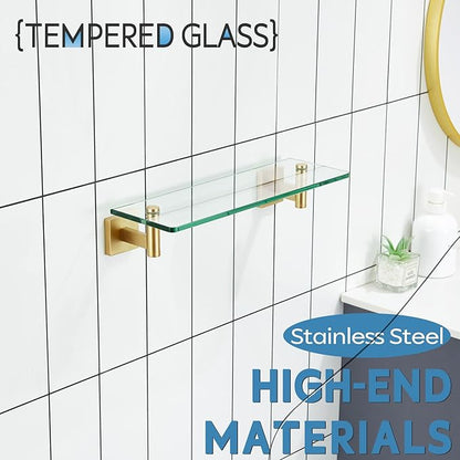 KOKOSIRI Wall Shelves Floating Shelf 16'' Gold Stainless Steel Bathroom Hardware Tempered Glass Hanging Rack Storage/Room Decor 2 Pack B1105BG-L16-P2