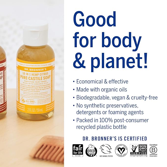 Dr. Bronner's - Pure-Castile Liquid Soap (Citrus, 2 ounce) - Made with Organic Oils, 18-in-1 Uses: Face, Body, Hair, Laundry, Pets and Dishes, Concentrated, Vegan, Non-GMO