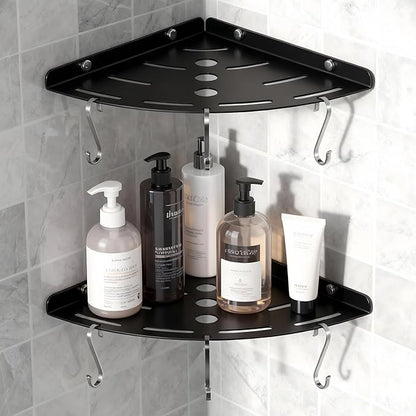 XIHLZYEH Corner Shower Shelves, 2 Pack 304 Stainless Steel Shower Shelf with 6 Hooks 40 lbs Heavy Duty, Rustproof Wall Mounted Organizer for Bathroom Drilling Installation(Black)
