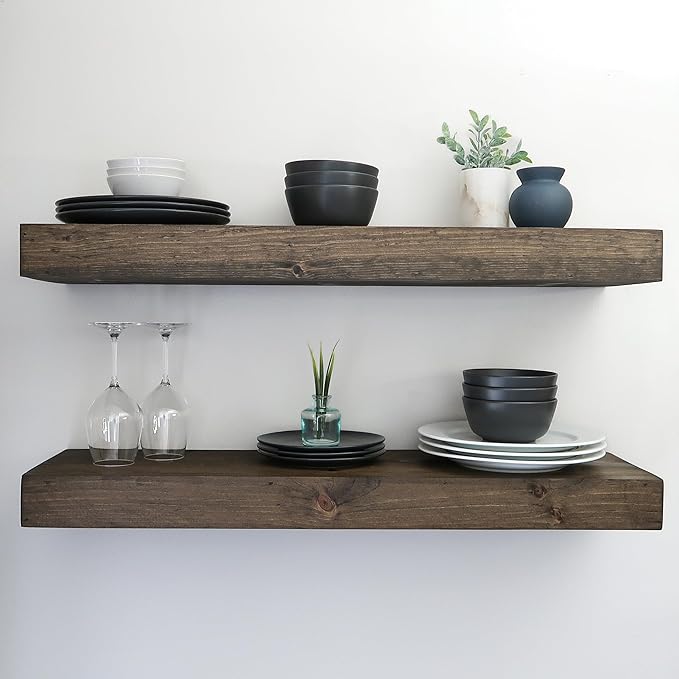 Urbandi Modern Floating Shelves 3 Inches Thick for Wall, Wide Shelves for Kitchen, Living Room, Bedroom, and Bathroom, Natural Pine Wood, Rustic Wooden Shelf, (Set of 2) (Jacobean, 60Lx3Hx8D)