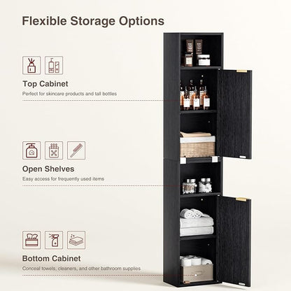 59.1" Tall Slim Bathroom Storage Cabinet Black | Freestanding or Wall Mounted Modular Cabinet, Fluted Panel Linen Tower with Adjustable Shelves for Small Spaces